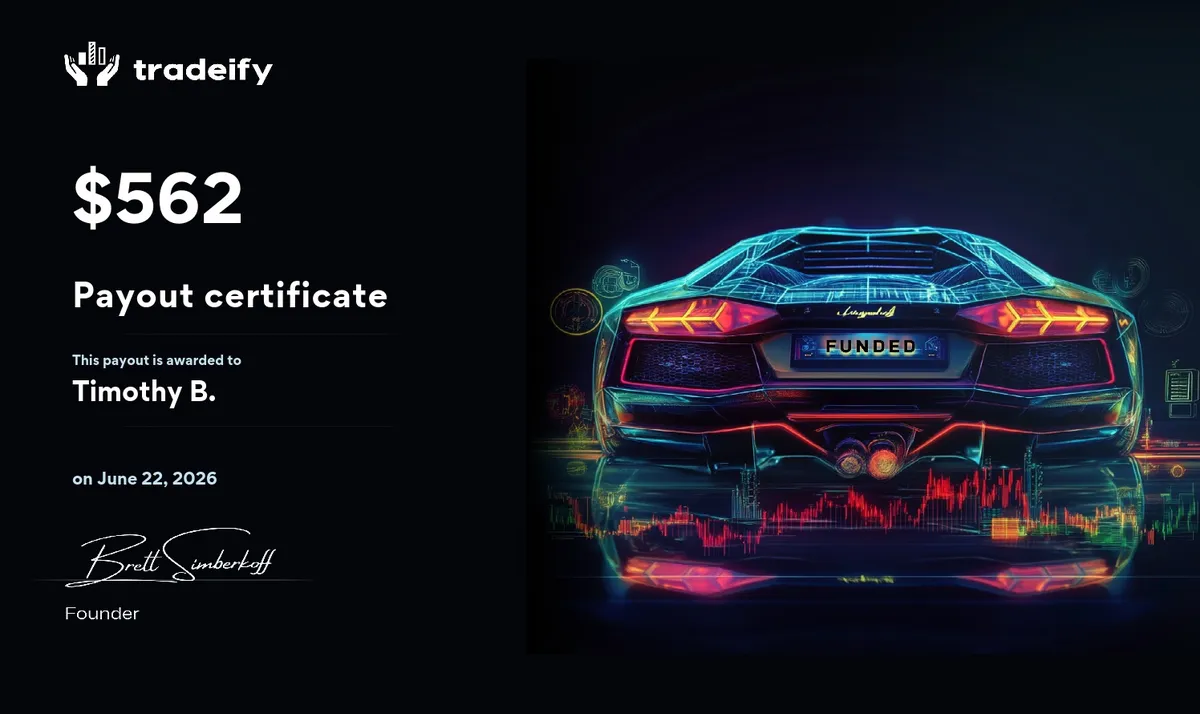 Tradeify payout certificate for $562, June 22, 2026
