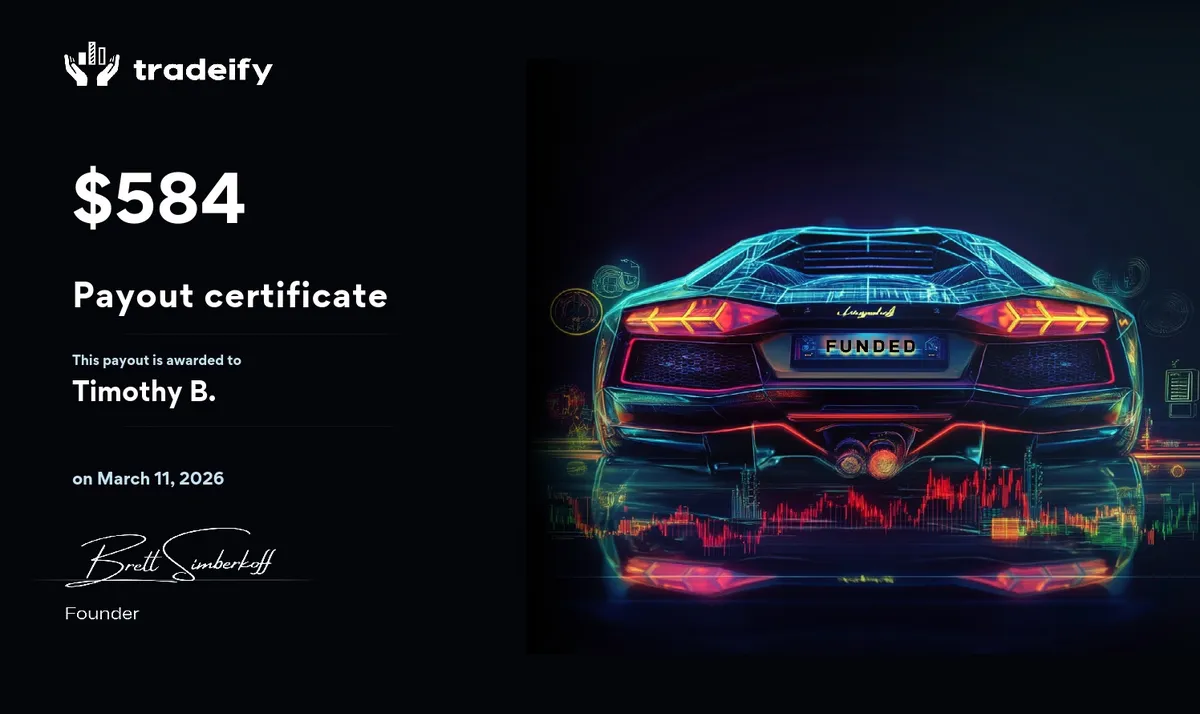 Tradeify payout certificate for $584, March 2026